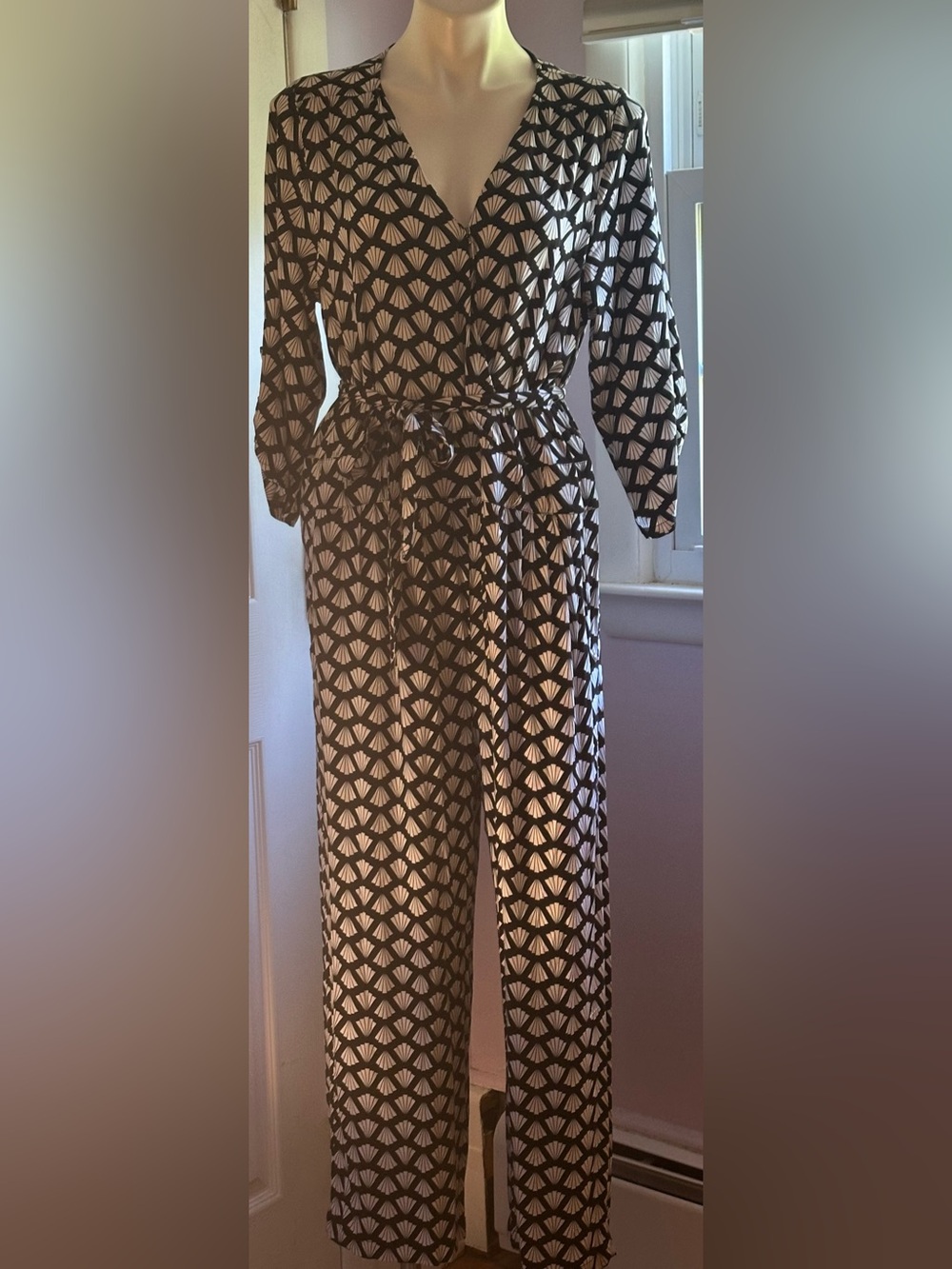 ESCAPADA LIVING Black Cream Fan Print Wrap Jumpsuit Pockets Tie Front Sz XL